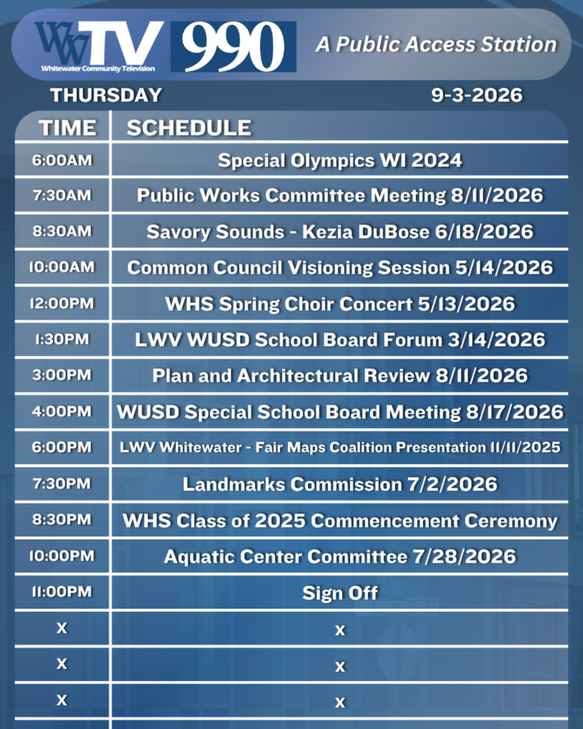 Local Channel 990 Schedule for the City of Whitewater