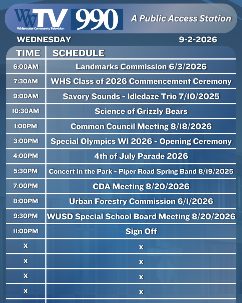Local Channel 990 Schedule for the City of Whitewater