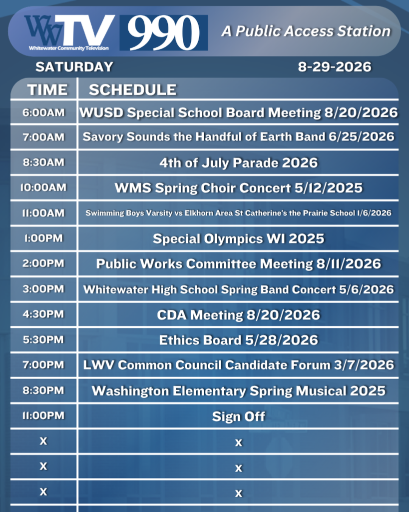 Local Channel 990 Schedule for the City of Whitewater
