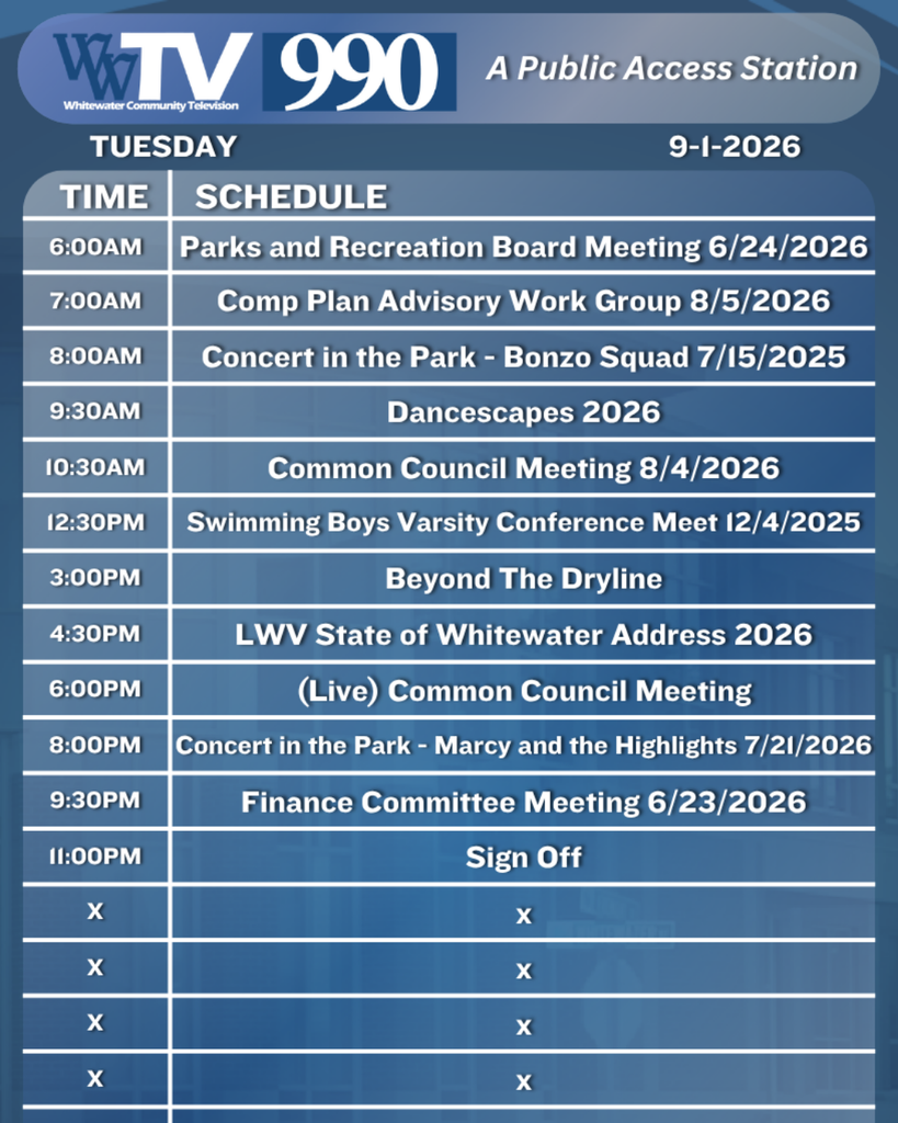 Local Channel 990 Schedule for the City of Whitewater