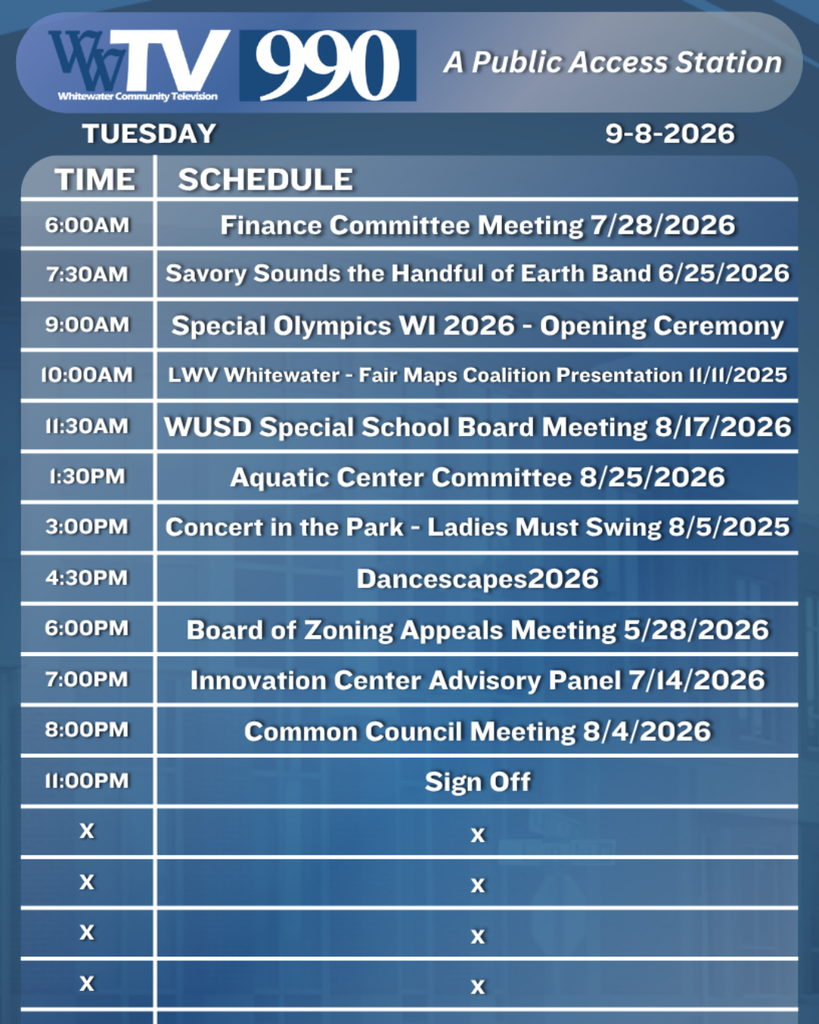 Local Channel 990 Schedule for the City of Whitewater