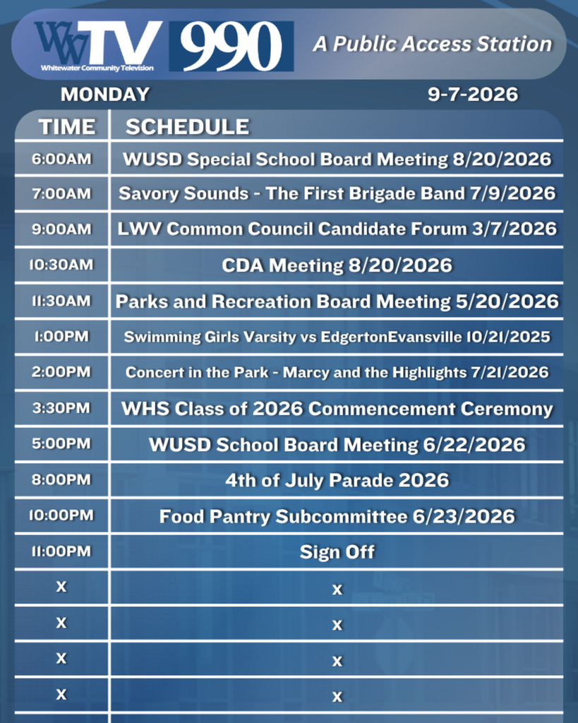 Local Channel 990 Schedule for the City of Whitewater