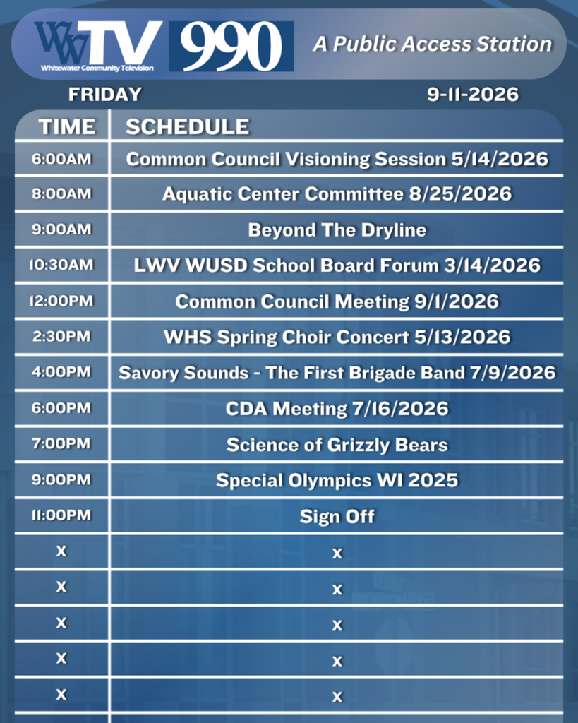 Local Channel 990 Schedule for the City of Whitewater