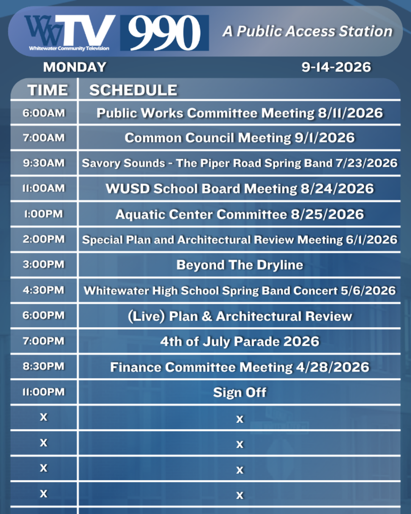 Local Channel 990 Schedule for the City of Whitewater