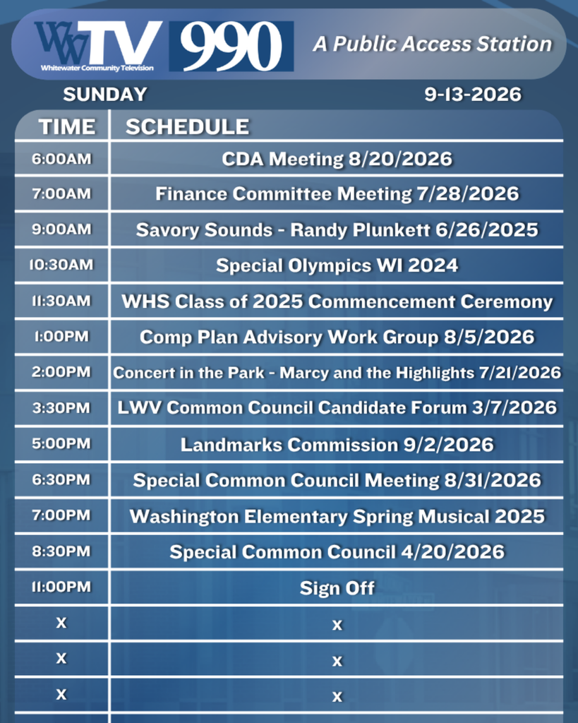 Local Channel 990 Schedule for the City of Whitewater