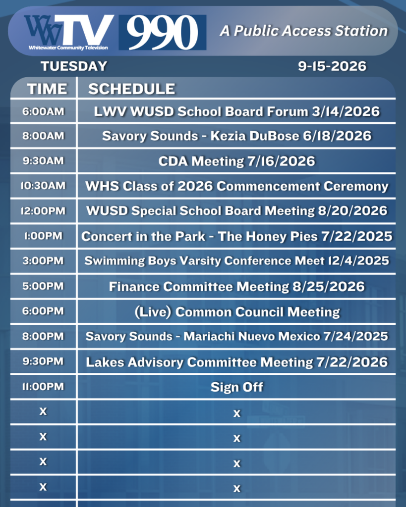 Local Channel 990 Schedule for the City of Whitewater