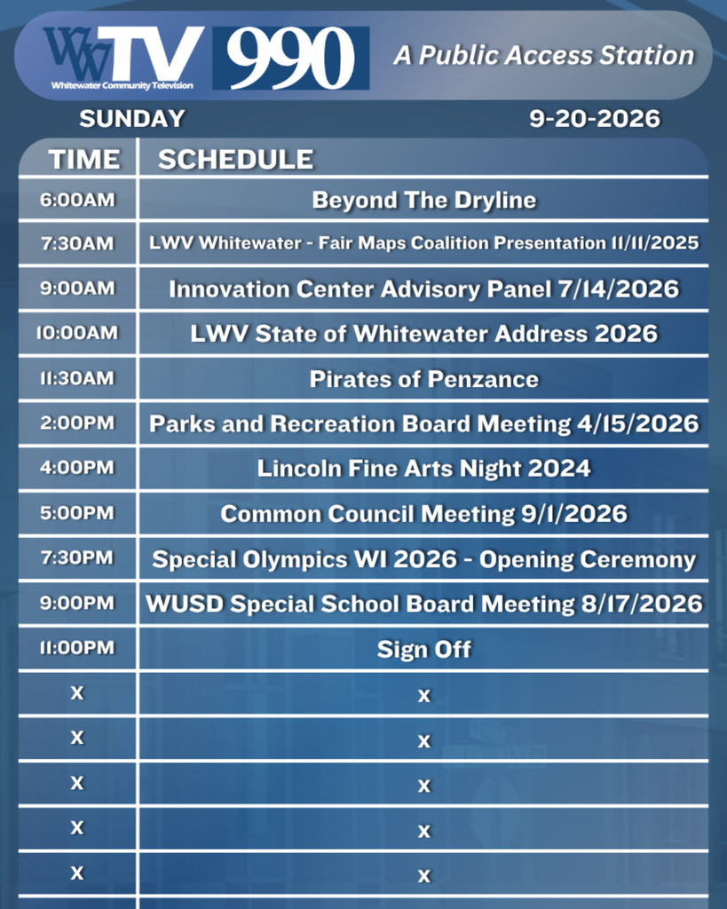Local Channel 990 Schedule for the City of Whitewater