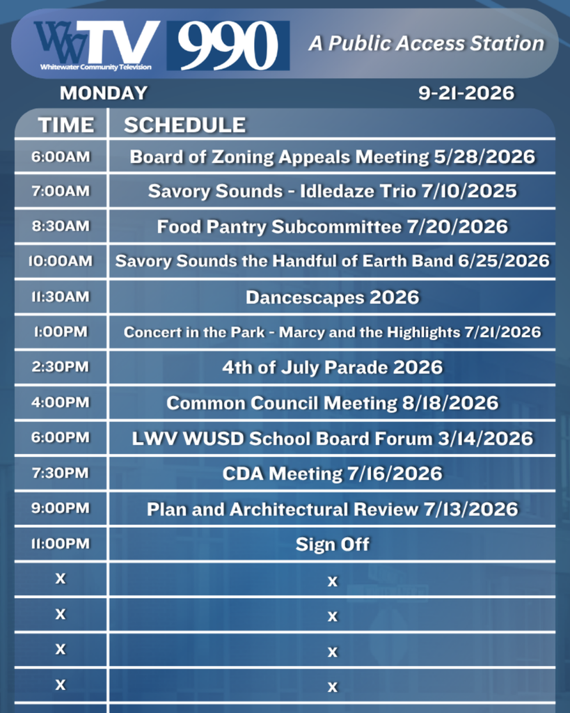 Local Channel 990 Schedule for the City of Whitewater