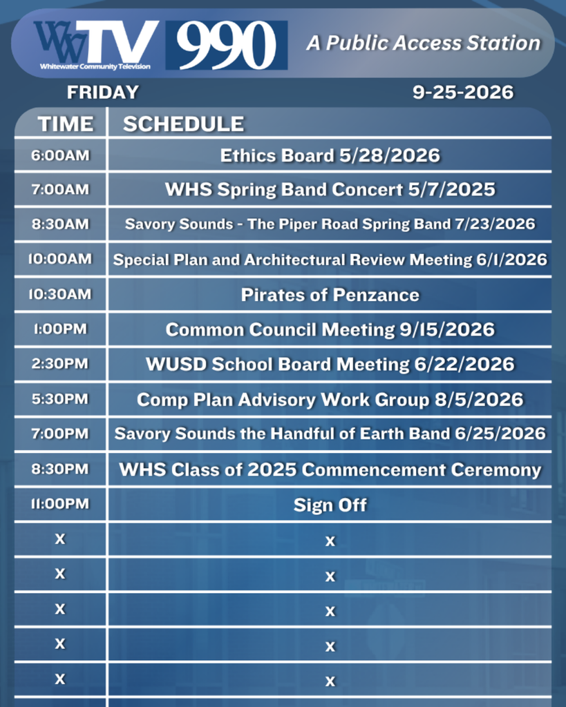 Local Channel 990 Schedule for the City of Whitewater
