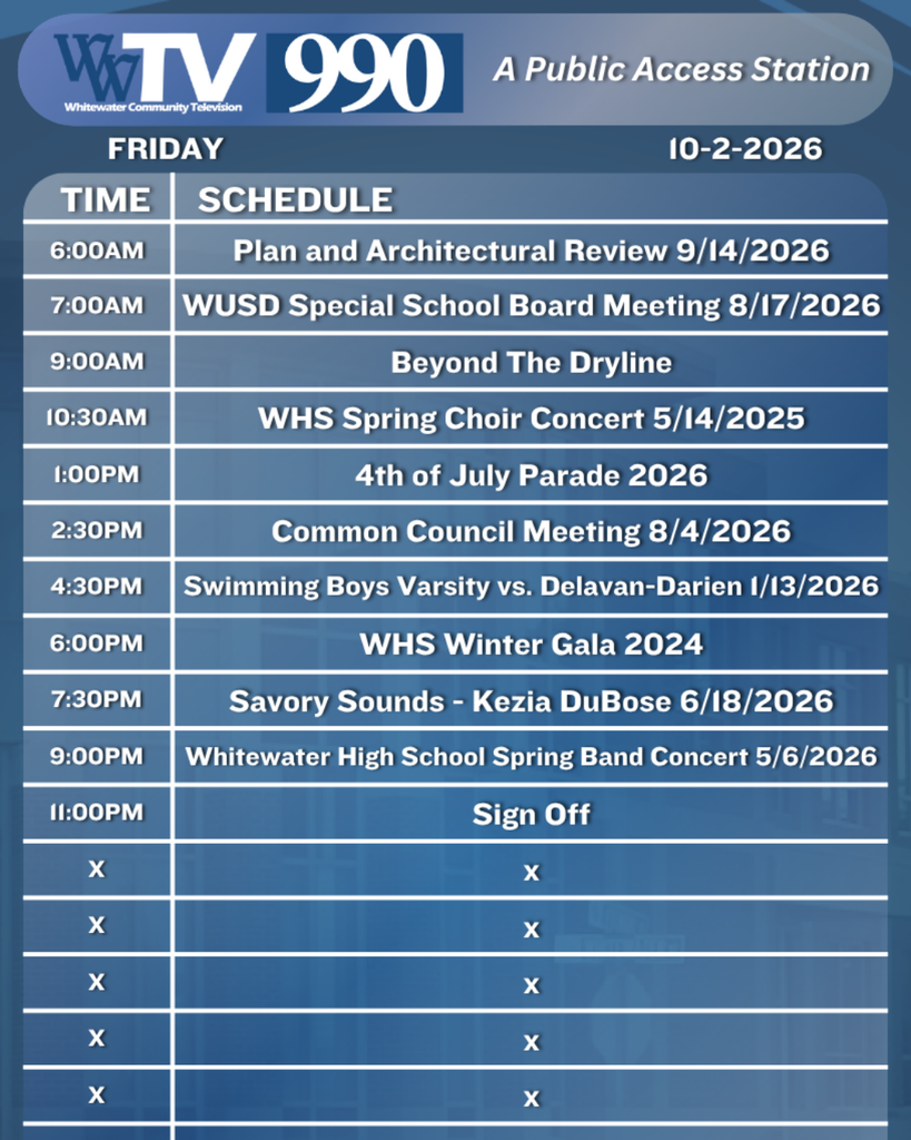 Local Channel 990 Schedule for the City of Whitewater