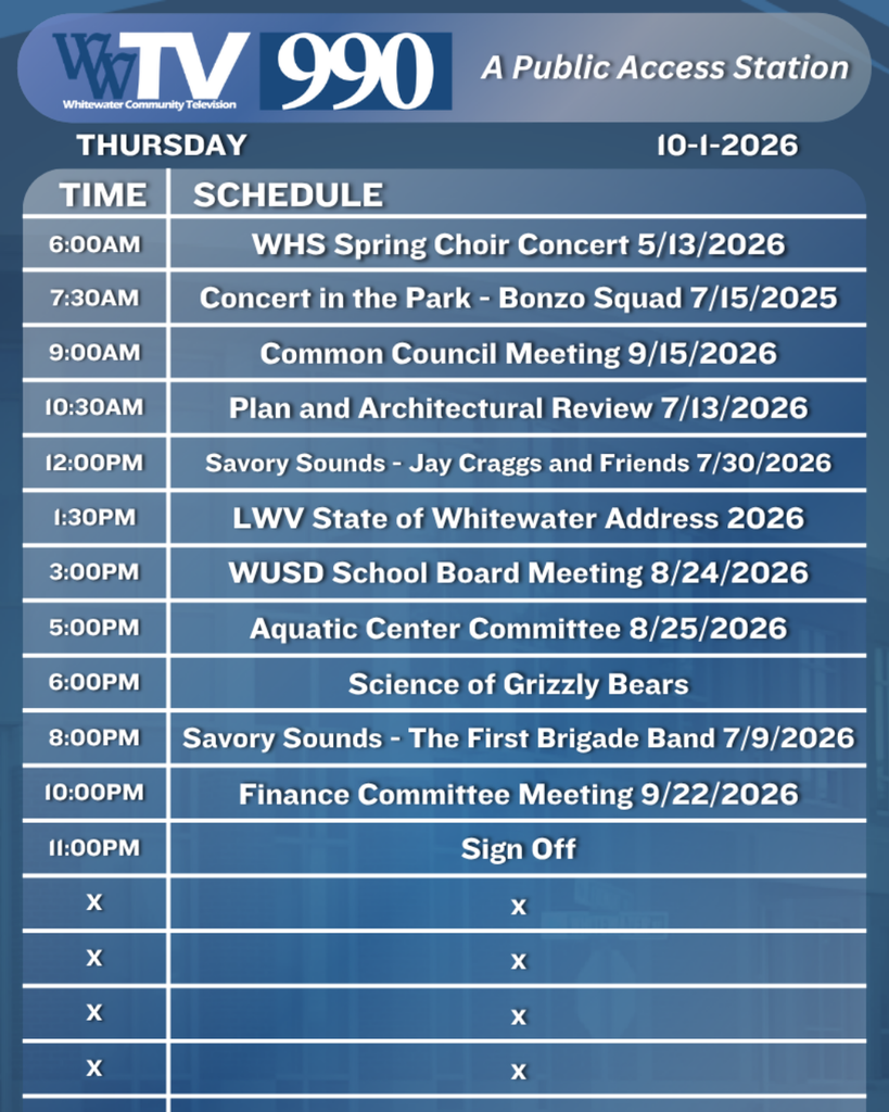 Local Channel 990 Schedule for the City of Whitewater