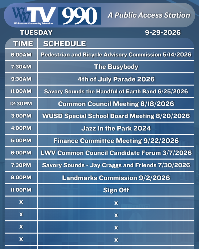 Local Channel 990 Schedule for the City of Whitewater