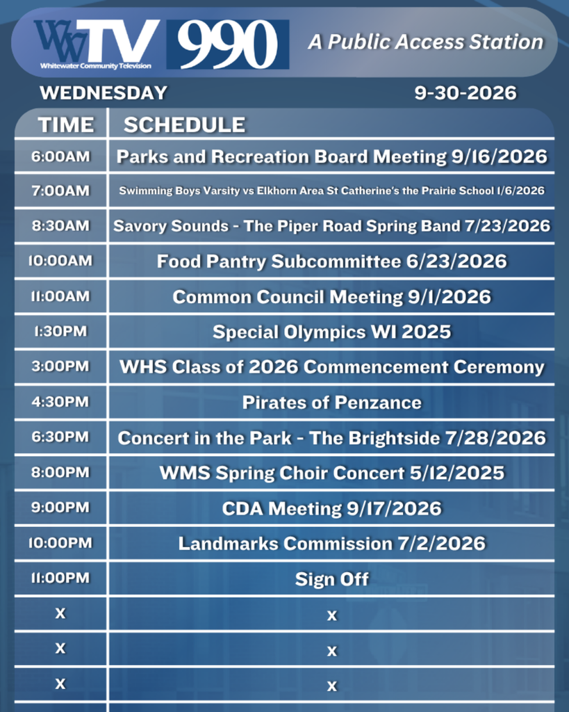 Local Channel 990 Schedule for the City of Whitewater