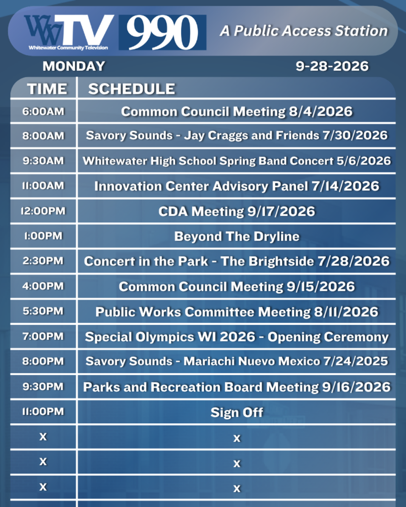 Local Channel 990 Schedule for the City of Whitewater