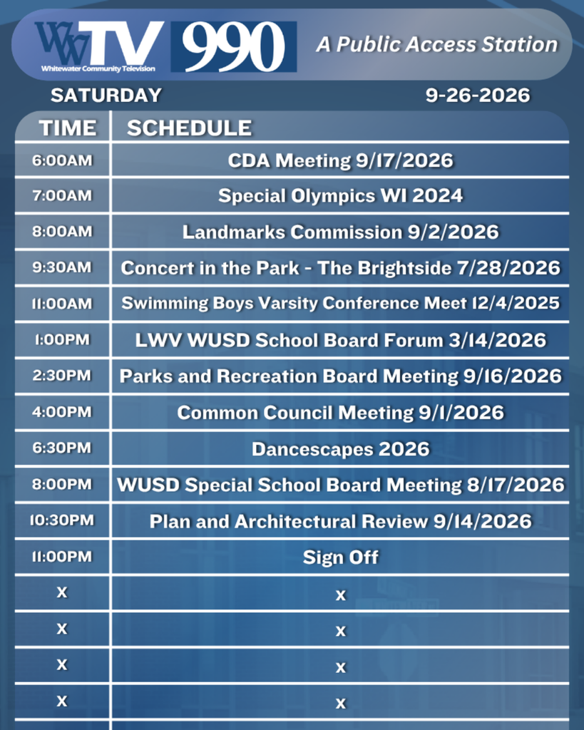 Local Channel 990 Schedule for the City of Whitewater