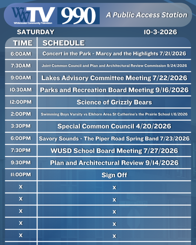Local Channel 990 Schedule for the City of Whitewater