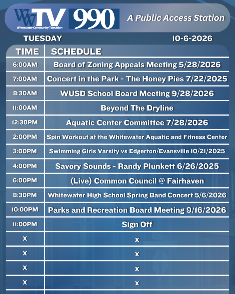 Local Channel 990 Schedule for the City of Whitewater