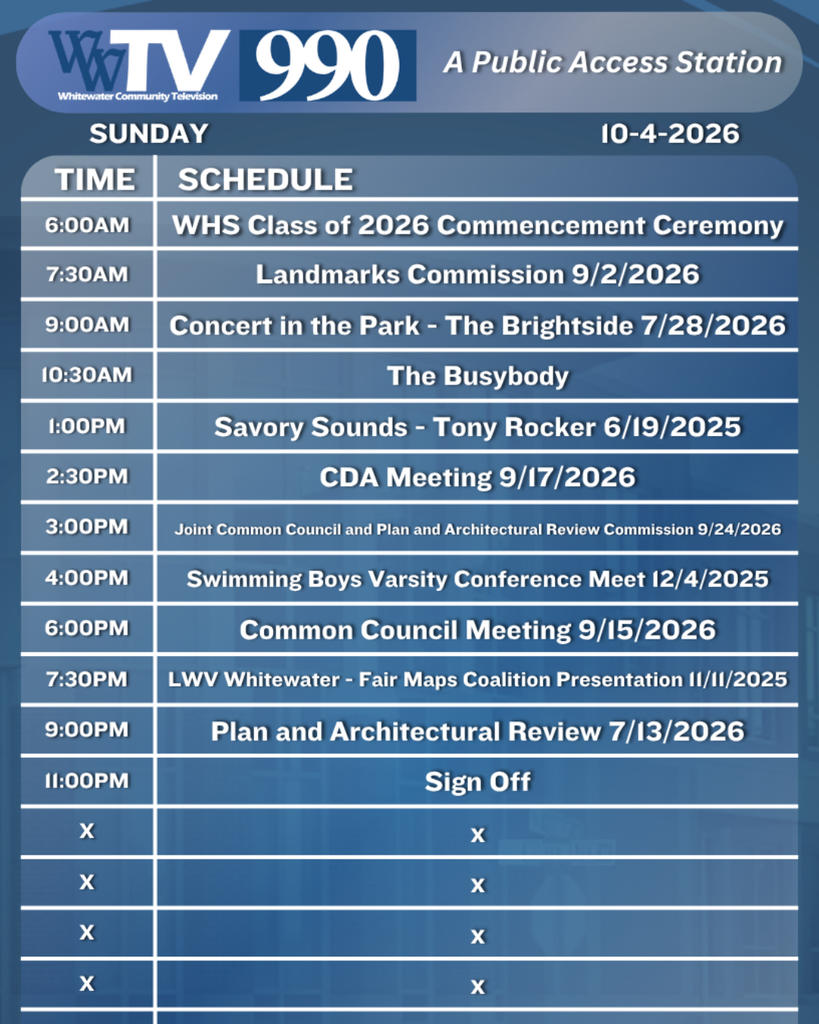 Local Channel 990 Schedule for the City of Whitewater