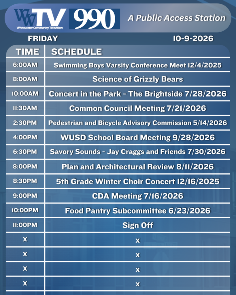 Local Channel 990 Schedule for the City of Whitewater