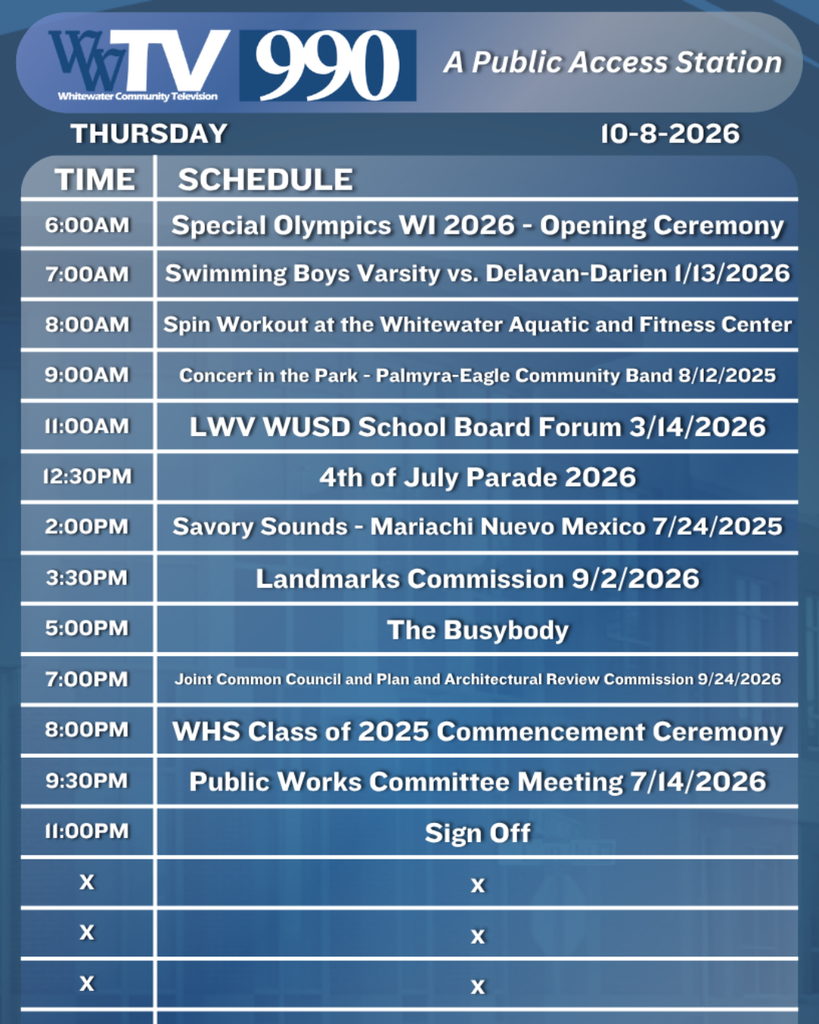 Local Channel 990 Schedule for the City of Whitewater