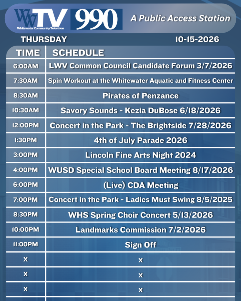 Local Channel 990 Schedule for the City of Whitewater