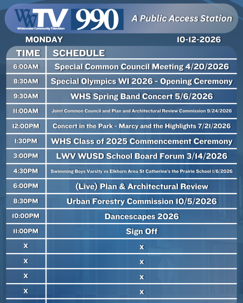 Local Channel 990 Schedule for the City of Whitewater