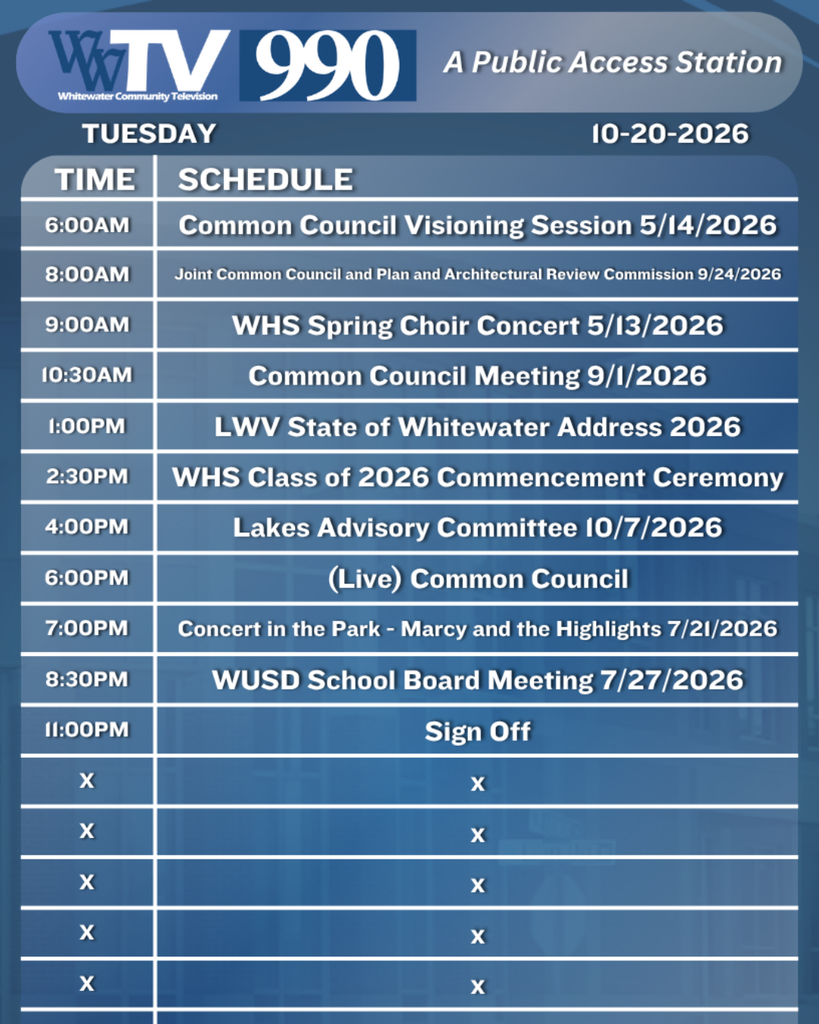 Local Channel 990 Schedule for the City of Whitewater