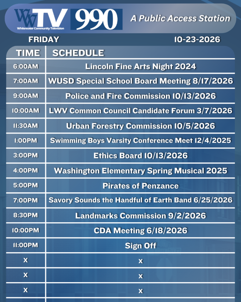 Local Channel 990 Schedule for the City of Whitewater