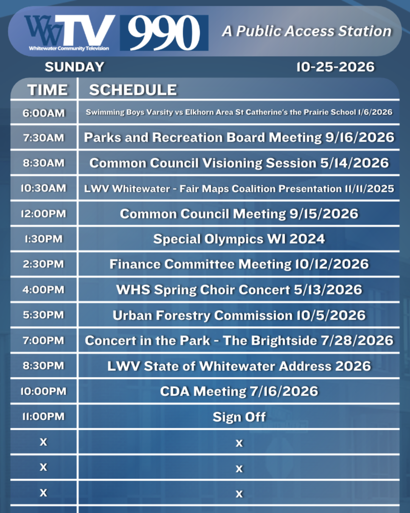 Local Channel 990 Schedule for the City of Whitewater
