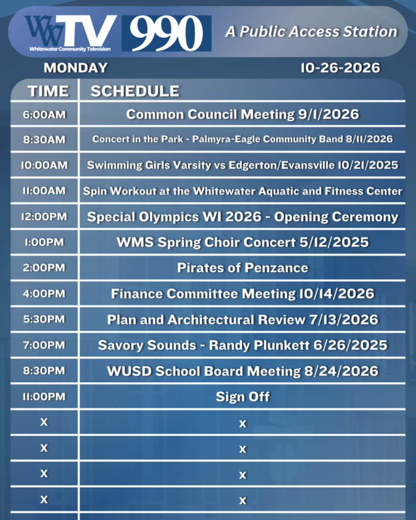 Local Channel 990 Schedule for the City of Whitewater
