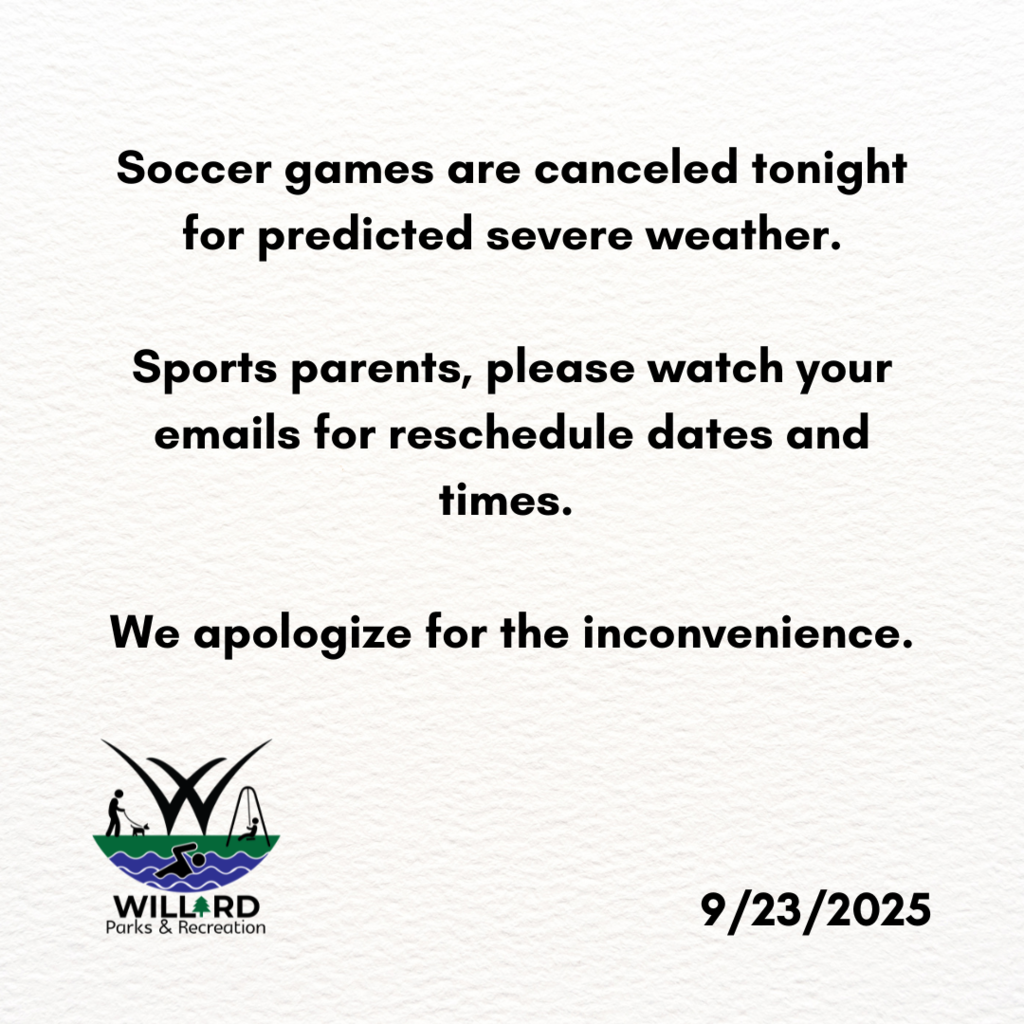 Soccer games are canceled 9/23/2025, due to weather.