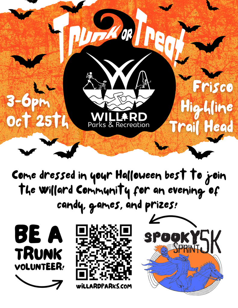 October 25th festivities are trunk or treat and spooky sprint
