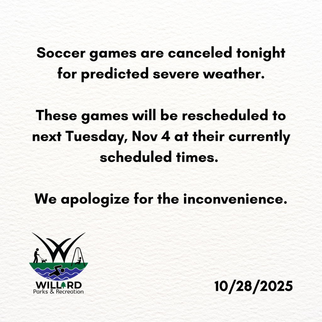 Soccer games are canceled tonight for predicted severe weather.