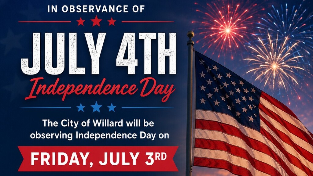 Closed July 3rd in observance of July 4th. Flag waving with fireworks behind.
