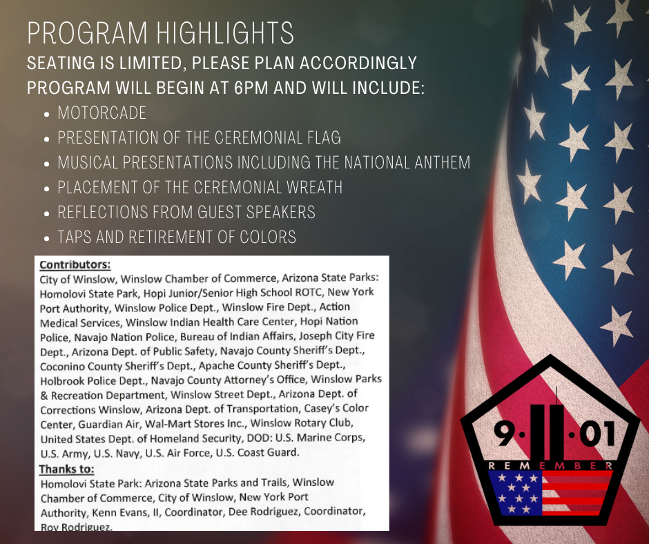 9-11 Remembrance Ceremony. 6PM at the 9-11 Memorial Park. 2100 E. Second St. / Transcon Lane. 