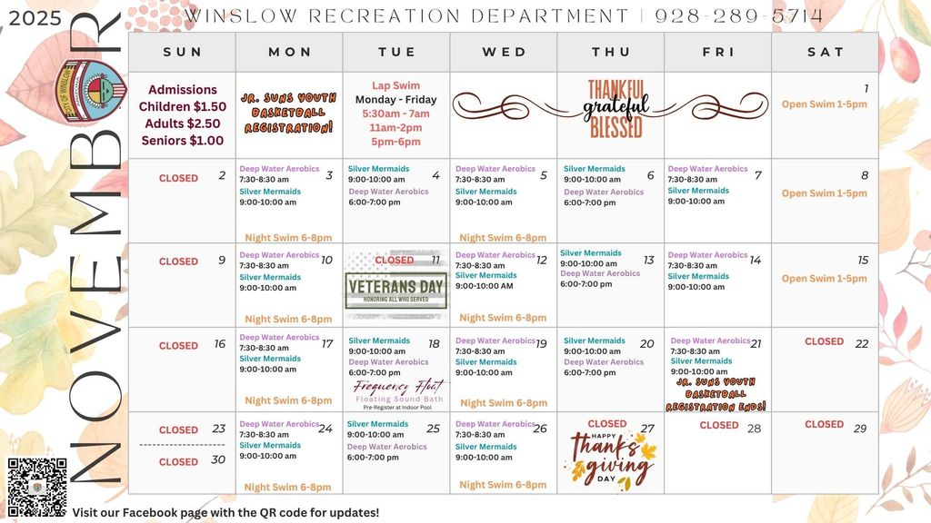 november monthly calendar with hours and events