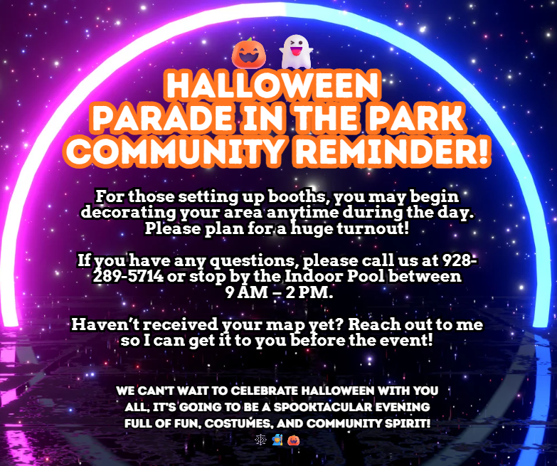 flyer  to remind community about the parak in the park, booths may begin to set up anytime the day of halloween