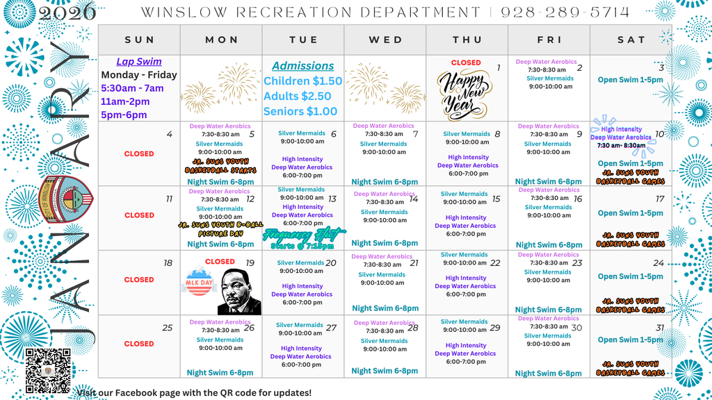 January calendar with all events going on by the recreation department 