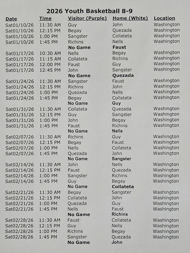 youth basketball game schedule for ages 6-7, 8-9, and 10-12