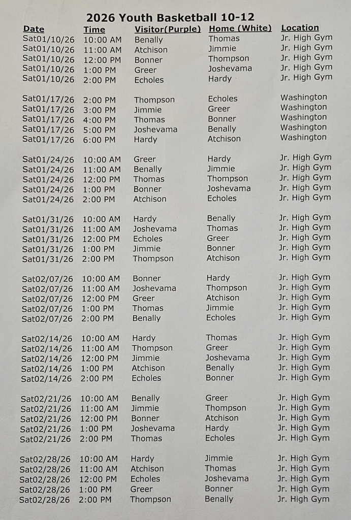 youth basketball game schedule for ages 6-7, 8-9, and 10-12