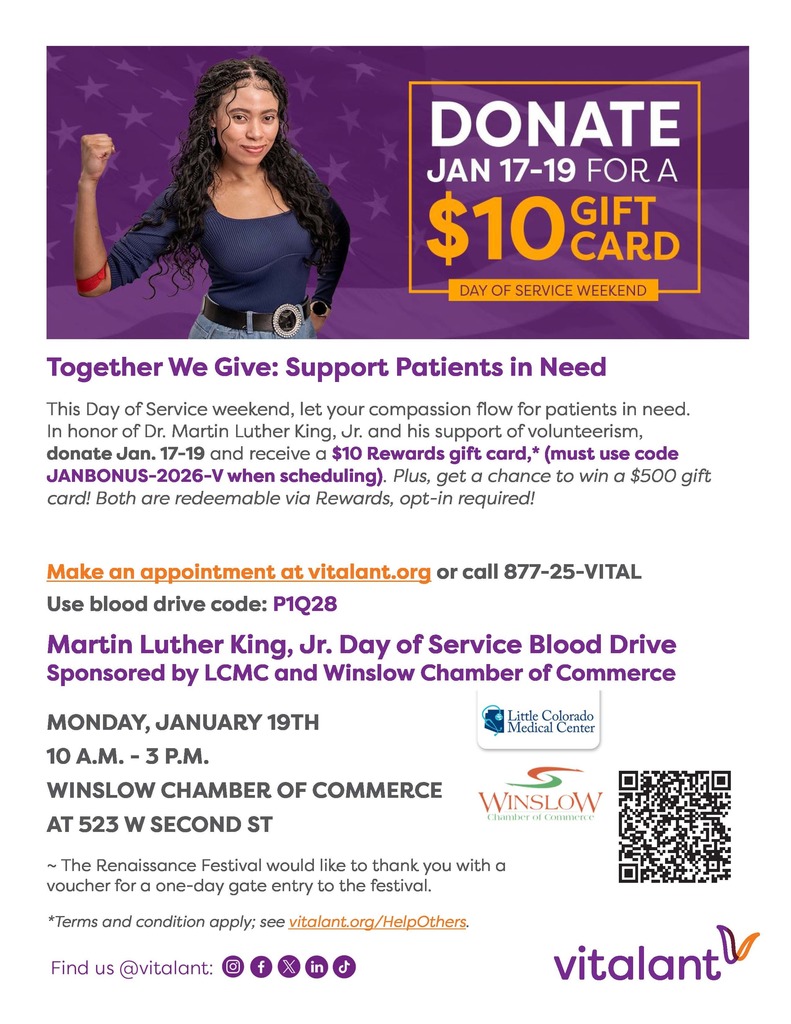 Donate January 17-19 for a $10 Gift Card. Call 877-25-VITAL and use Blood Drive Code P1Q28