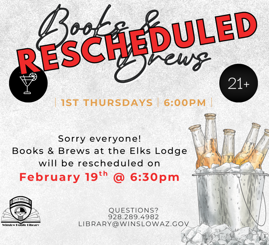 Sorry everyone!  We're going to have to reschedule our Books & Brews Book Club to the 19th.