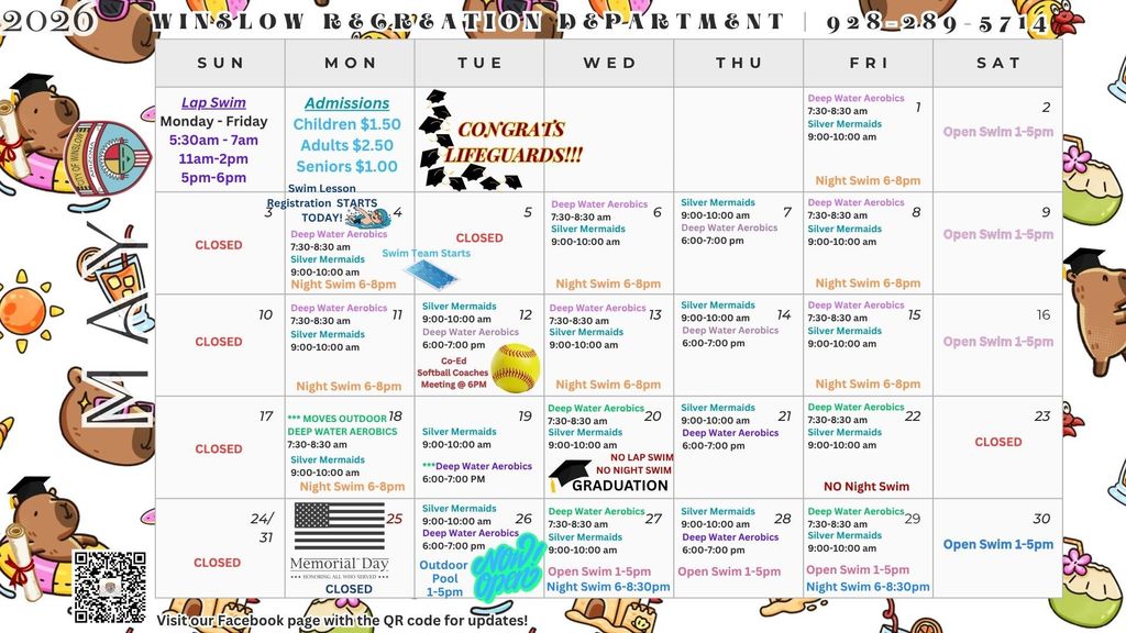 May 2026 recreation department calendar with events, have questions, please call our office at 928-289-5714