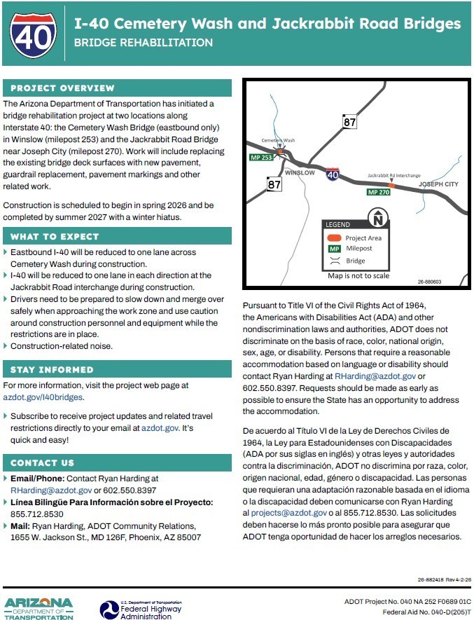 The Arizona Department of Transportation has initiated a bridge rehabilitation project at two locations along Interstate 40; the Cemetery Wash Bridge (Eastbound only) in Winslow (Milepost 253) and the Jackrabbit Road Bridge near Joseph City (Milepost 270). Work will include replacing the existing bridge deck surfaces with new pavement, guardrail replacement , pavement markings and other related work. Construction is scheduled to begin in spring 2026 and be completed by summer 2027 with a winter hiatus. For more information, visit the project web page at azdot.gov/I40bridges . You may also contact Ryan Harding at 602-550-8397 or by email at RHarding@azdot.gov . Includes map of area with two project area points. 