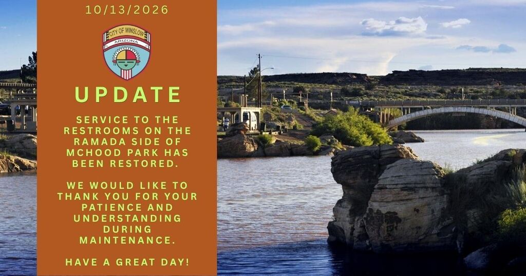 10/13/2026. UPDATE: Service to the restrooms on the Ramada side of McHood Park has been restored. We would like to thank you for your patience and understanding during maintenance. Have a great day. City Logo with picture of McHood Park.