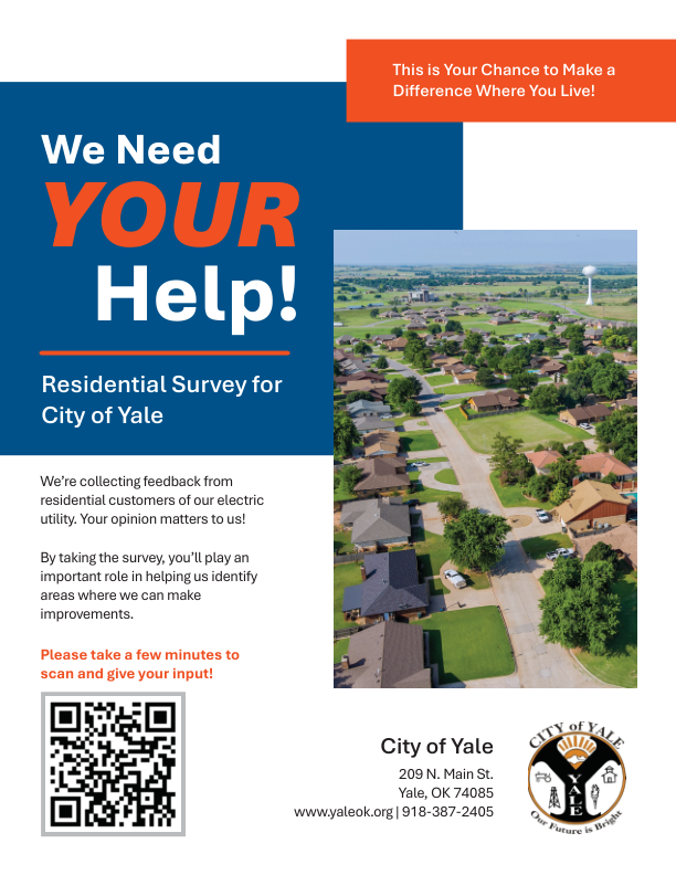 We need your help! Scan the QR Code to complete the residential survey for the City of Yale.