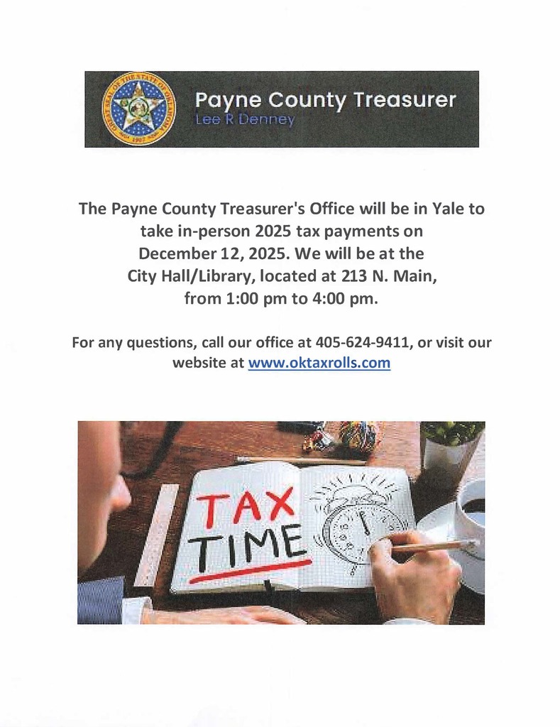 The Payne County Treasurer's office will be in the library on Friday, December 12th from 1pm-4pm to accept county tax payments.