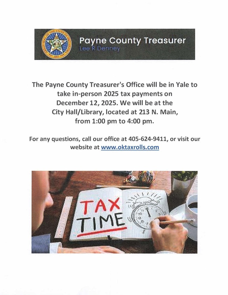 The Payne County Treasurer's office will be in the library on Friday, December 12th from 1pm-4pm to accept county tax payments.