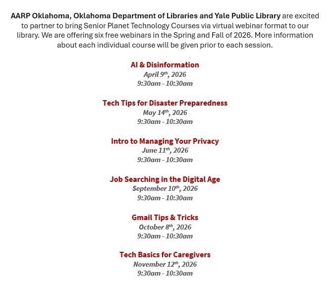 AARP Webinar Series being offered at the Yale Public Library beginning April 9, 2026!