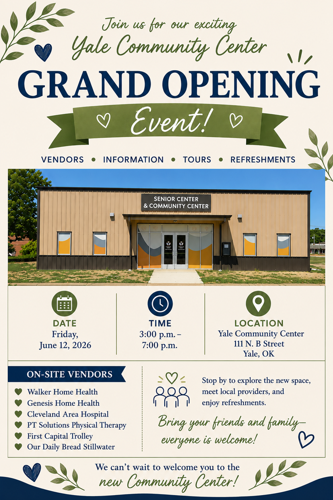 Join us for our exciting Yale Community Center Grand Opening Event! Friday, June 12, 2026 from 3-7pm, 111 N. "B" Street. Stop by to explore the new space, meet local providers and enjoy refreshments.